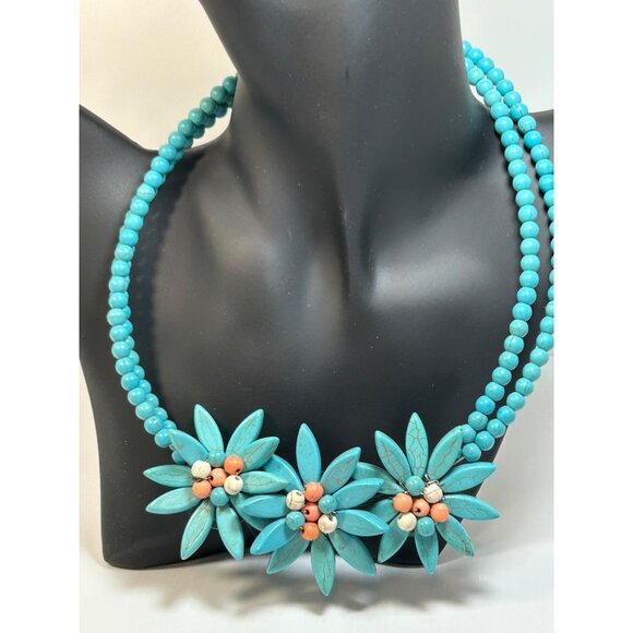 VTG Turquoise Blue Chocker Style Beaded Necklace Flowers Multi Strand Costume - Picture 2 of 8
